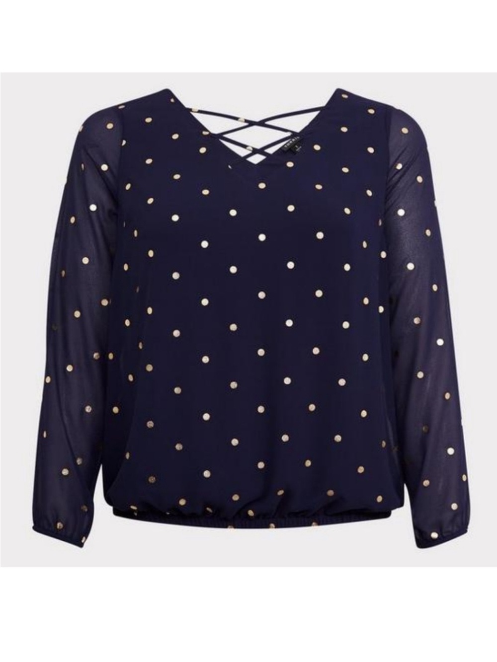 Torrid size 2 Navy and Gold polka dots Chiffon Lattice Blouse